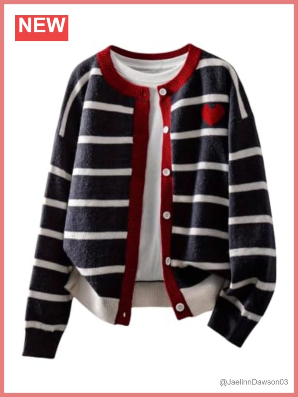 Heart Striped Button Up Cardigan Long Sleeve Knit Sweater